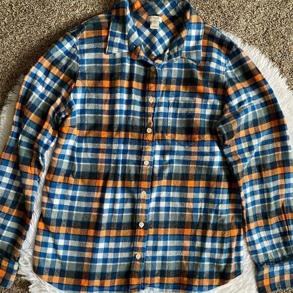J. Crew Button Down Plaid Flannel Shirt Blue Orange Womens Size Large - Picture 6 of 9